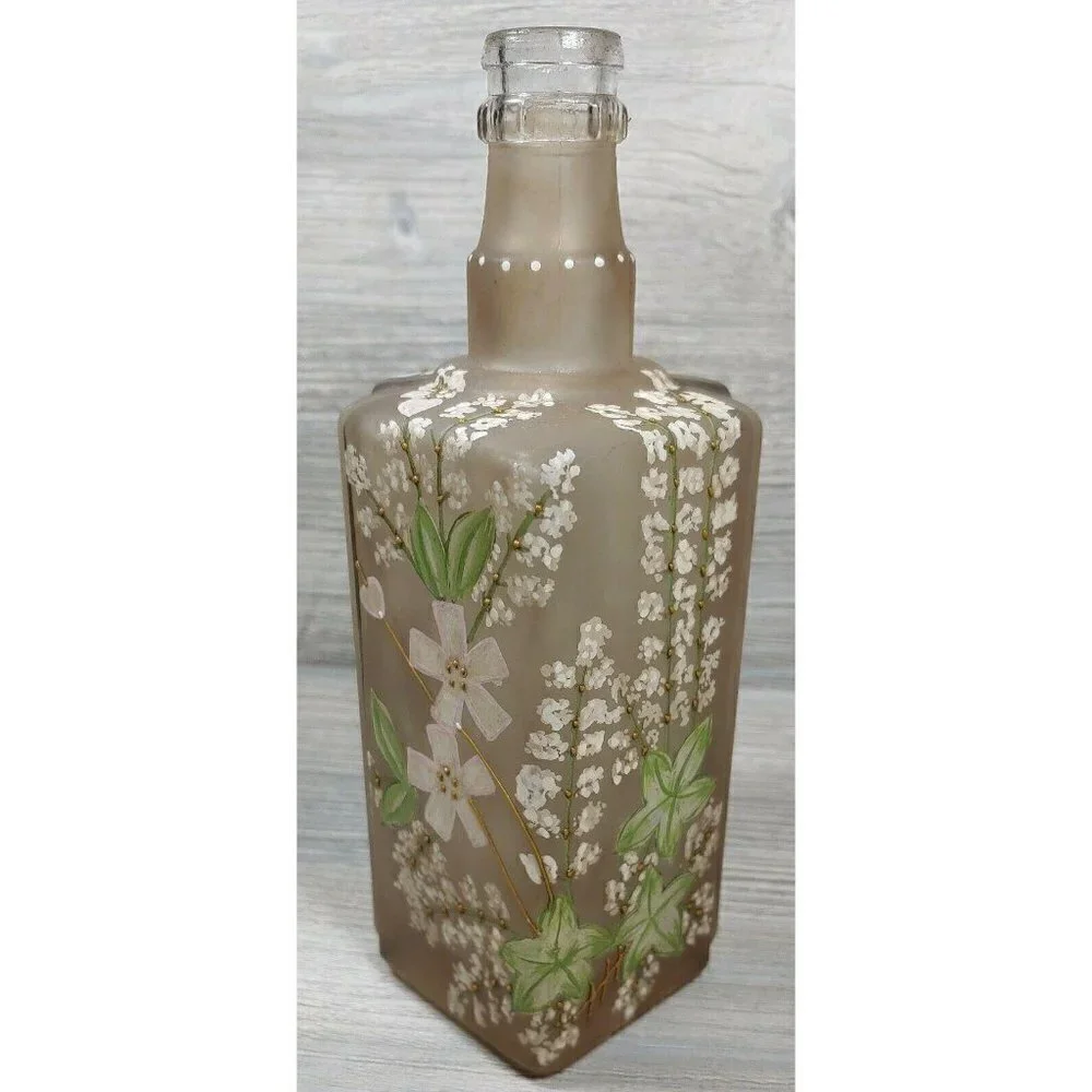 Japanese Glass Decanter Bottle Hand Painted Cherry Blossom Floral Design Vintage
